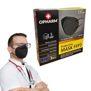 Opharm FFP3 Schwarze Einweg-Gesichtsmaske mit Ohrschlaufen - Box mit 3 Stück